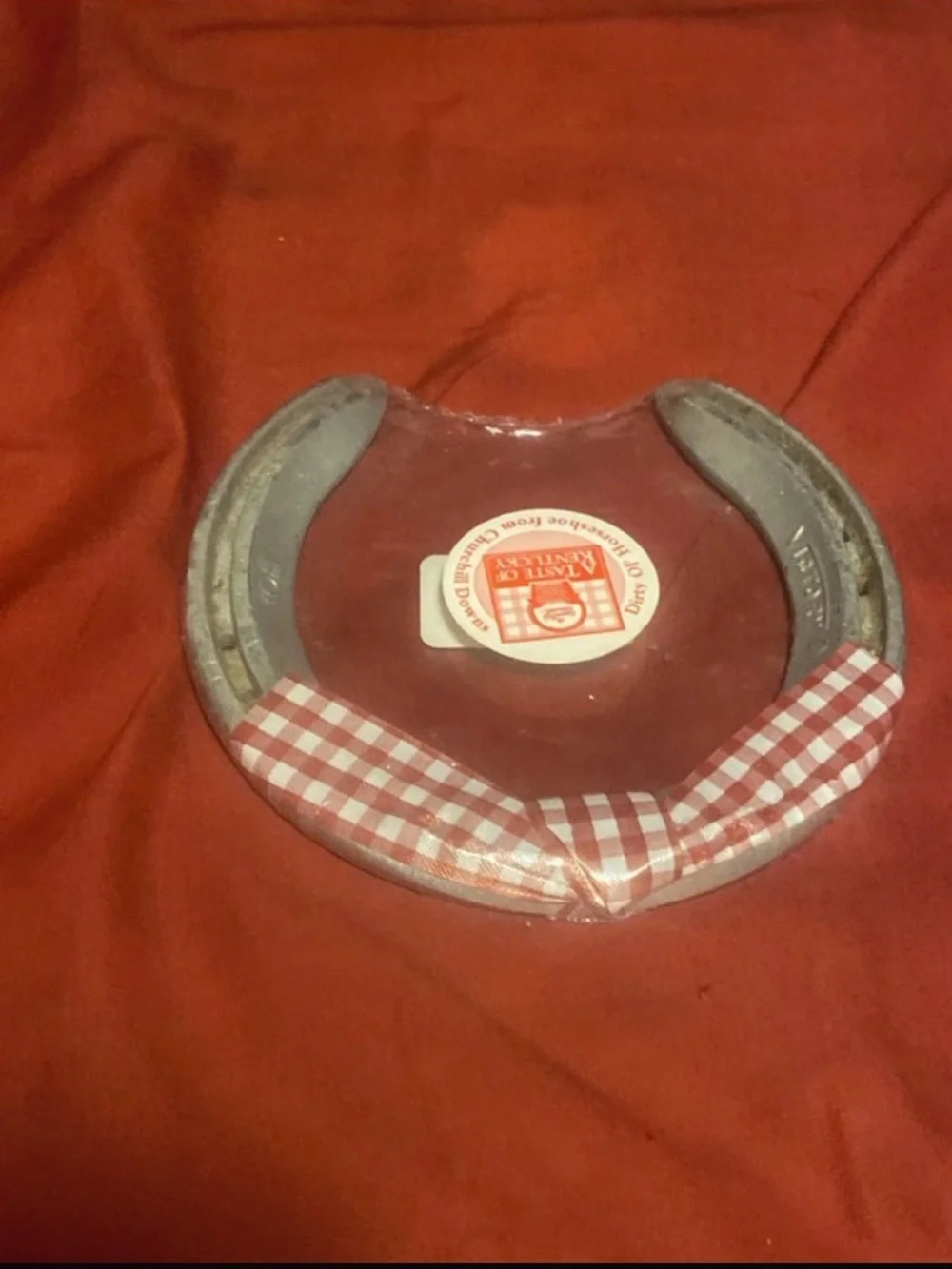 Goes up in value Kids Horseshoe Craftt Plate with Red Gingham Ribbon